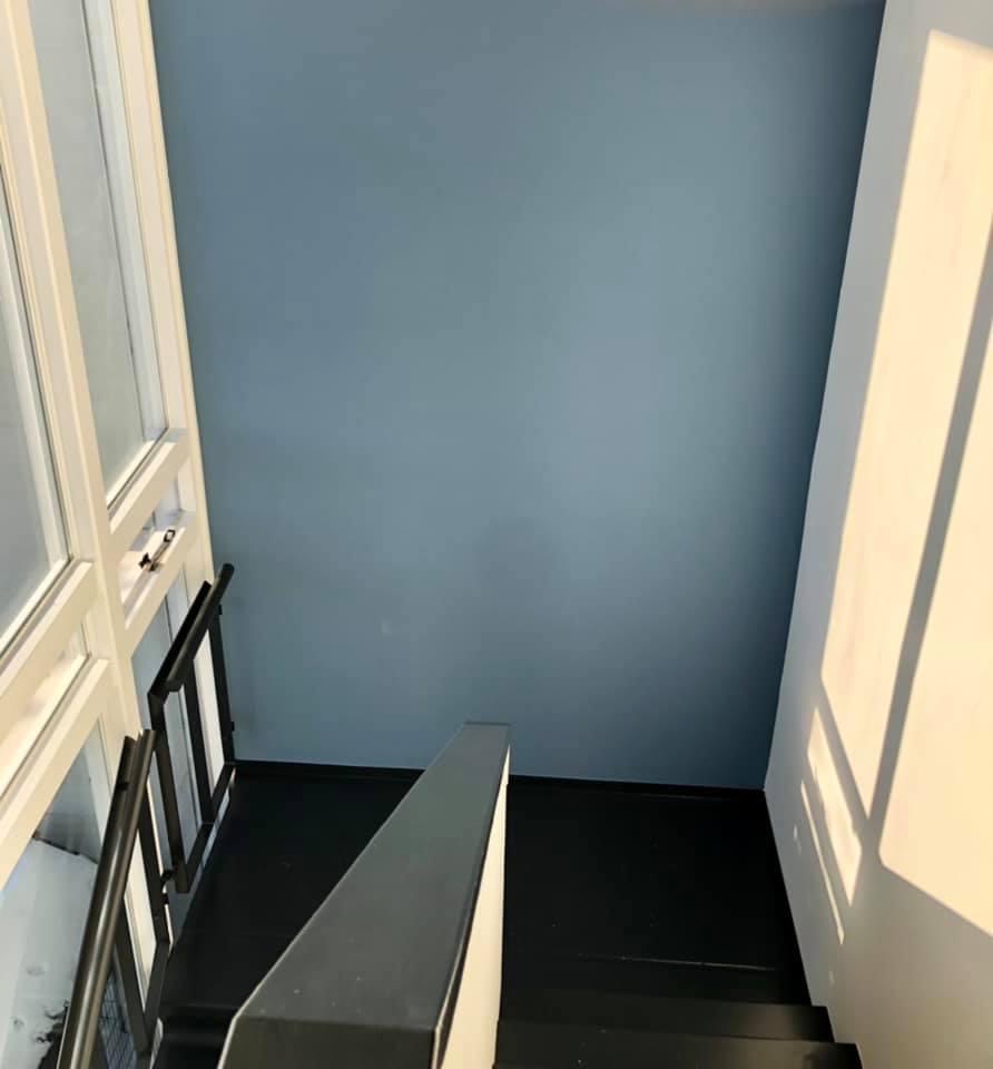 Trappenhuis met staalblauwe accentwand en zwart geschilderde treden